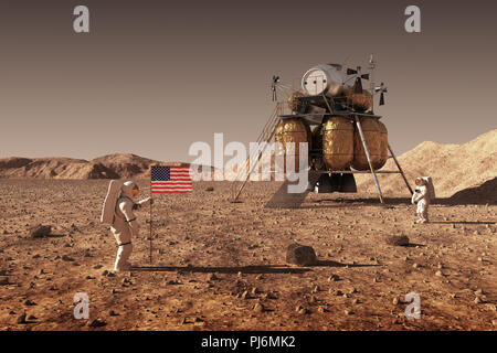 Gli astronauti impostare una bandiera americana sul pianeta Marte. 3D'illustrazione. Foto Stock