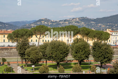 Paesaggio urbano di Firenze con bellissimi alberi in primo piano visto dalla collina Michelangelo a fine marzo, Firenze, Italia Foto Stock