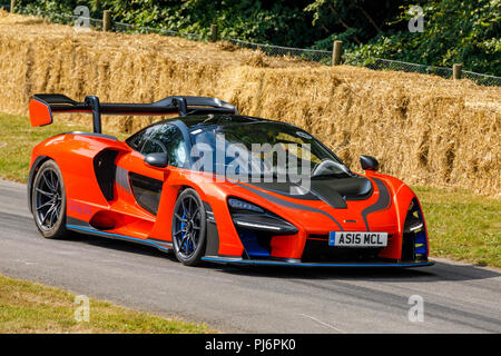 2018 McLaren Senna con autista Bruno Senna su esso è dimostrazione hillclimb eseguire al 2018 Goodwood Festival of Speed, Sussex, Regno Unito. Foto Stock