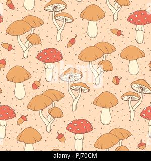 Vector autunno seamless pattern con amanita e cappuccio di funghi e ghiande sul beige sfondo tratteggiato. Ornamento Vintage utilizzabile per la carta di avvolgimento, c Illustrazione Vettoriale