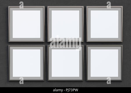 Piastrellate telai quadrati con poster in bianco mock up sul muro nero. Includere il percorso di clipping intorno al poster. 3d illustrazione Foto Stock