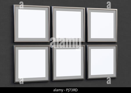 Piastrellate telai quadrati con poster in bianco mock up sul muro nero. Includere il percorso di clipping intorno al poster. 3d illustrazione Foto Stock