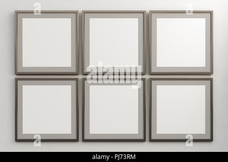 Piastrellate telai quadrati con poster in bianco mock up sul muro bianco. Includere il percorso di clipping intorno al poster. 3d illustrazione Foto Stock