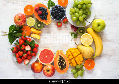 Colore arcobaleno frutti disposti in un cerchio, fragole, mirtilli, mango, arancia, pompelmo, banana, mela, uva da tavola, kiwi sullo sfondo bianco, Foto Stock