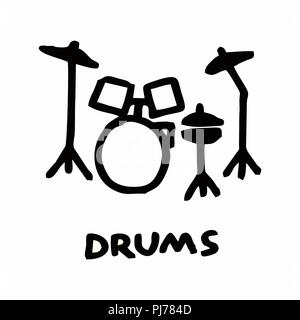 Freehand illustrazione di un drum kit su sfondo bianco Illustrazione Vettoriale