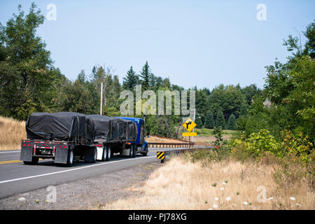 Trasporto di coperte di legno in forma di tavole, travi squadrati e altri tipi di prodotti trasformati a base di legno è effettuata sul letto piano big rig semi carrello tr Foto Stock