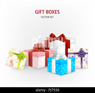 Set di colorate scatole regalo con archetti e nastri. Eps 10 illustrazione vettoriale. Foto Stock