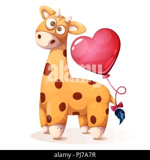 Carino, funny teddy giraffa con palloncino di cuore - cartoon illustrazione. Illustrazione Vettoriale