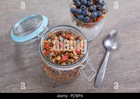 Paleo granola fatta con i dadi misti, semi, uvetta con noce di cocco yogurt, mirtilli sulla parte superiore, il fuoco selettivo Foto Stock