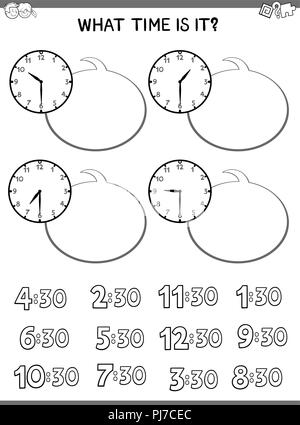 Bianco e Nero Cartoon illustrazioni di predire il tempo Foglio di lavoro educativo con Orologio per bambini Illustrazione Vettoriale