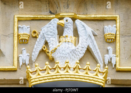 Eagle, dipinta a fresco royal emblema araldico che circonda la statua della signora Margaret Beaufort, fondatrice, Cristo College di Cambridge University Foto Stock