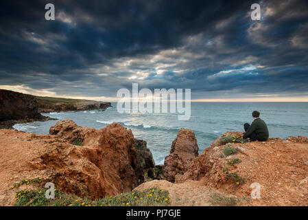 Carrapateira scogliere sull'Oceano Atlantico. Parque Natural do Sudoeste Alentejano e Costa Vicentina, la più selvaggia costa atlantica in Europa. Algarve, P Foto Stock