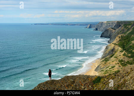 Scogliere del Parque Natural do Sudoeste Alentejano e Costa Vicentina, la più selvaggia costa atlantica in Europa. Algarve Portogallo Foto Stock