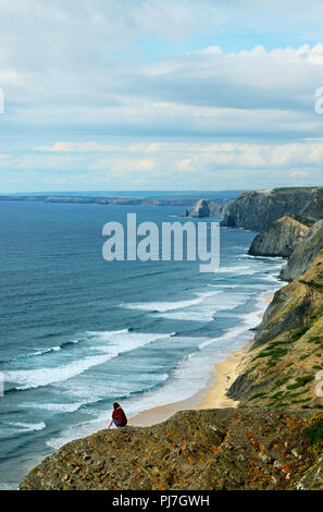 Scogliere del Parque Natural do Sudoeste Alentejano e Costa Vicentina, la più selvaggia costa atlantica in Europa. Algarve Portogallo Foto Stock