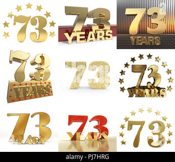 Set di numero s settantatre anno (73 anno) la celebrazione del design. Anniversario numero d'oro agli elementi del modello per la tua festa di compleanno. 3D'illustrazione. Foto Stock