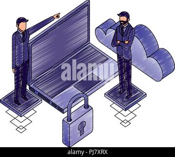 Uomini d'affari con computer portatile e impostare le icone illustrazione vettoriale design Illustrazione Vettoriale