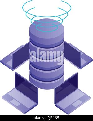 Dischi per data center con i computer portatili icona isometrica illustrazione vettoriale design Illustrazione Vettoriale