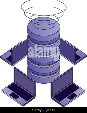 Dischi per data center con i computer portatili icona isometrica illustrazione vettoriale design Illustrazione Vettoriale