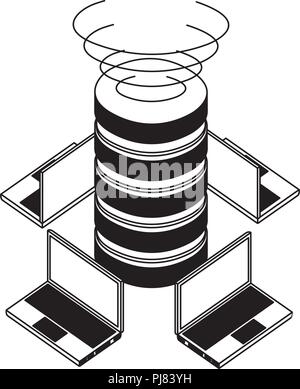 Dischi per data center con i computer portatili icona isometrica illustrazione vettoriale design Illustrazione Vettoriale