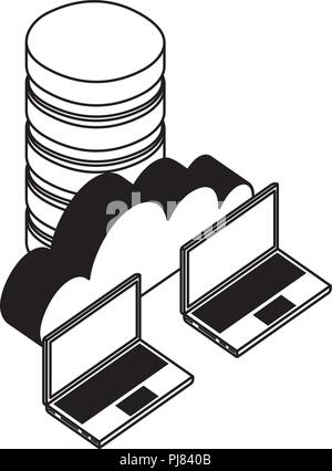 Dischi per data center con i computer portatili e il cloud computing illustrazione vettoriale design Illustrazione Vettoriale