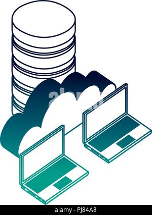 Dischi per data center con i computer portatili e il cloud computing illustrazione vettoriale design Illustrazione Vettoriale