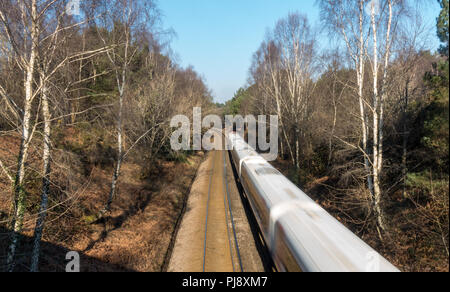 Dorchester, England, Regno Unito - 24 Febbraio 2018: a sud occidentale passeggero ferroviario treno corre attraverso un taglio nella campagna di Dorset. Foto Stock