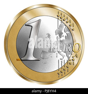 Un montaggio di stilizzazione di una 1 Euro moneta e uno sfondo color argento. Un composito di Photoshop con grano intarsiato sottolinea la vivida argento e oro Foto Stock