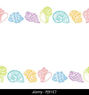 Vector perfetta cornice decorativa dal coloratissimo seashell su sfondo bianco. Disegnata a mano bozzetti mollusco conchiglie di mare. Illustrazione Vettoriale