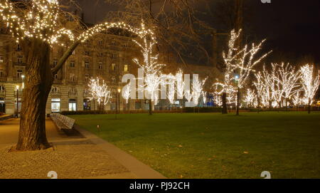 Notte Nicy cityscape di quadrato verde con parco, treeses illuminato con luci di Natale nel centro di Budapest, Ungheria. Foto Stock