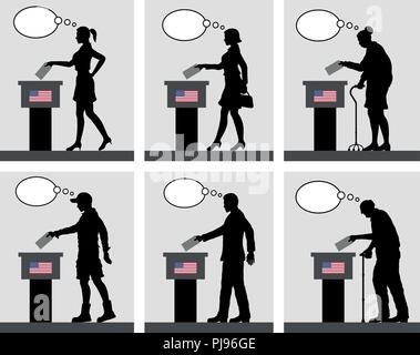 I cittadini americani di voto per le elezioni negli USA con bolle di pensiero. Tutti gli oggetti di silhouette e gli sfondi sono in diversi strati. Illustrazione Vettoriale