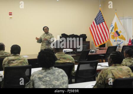 Virgin Islands National Guard aiutante generale, Briga. Gen. Deborah Howell indirizzi dai soldati durante un mandato ufficiale simposio tenutosi a forza comune sede luglio 7. La manifestazione è stata organizzata per celebrare il centenario dell'esercito mandato corpi ufficiali. Foto Stock