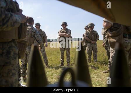 Servizio britannici membri interagiscono con gli Stati Uniti Marines con Echo batteria, 2° Battaglione, decimo reggimento Marine (2/10), seconda divisione Marine, a Salisbury, Inghilterra, 5 luglio 2018. Marines con l'unità condotta live-fire esercizi usando M777 Obice durante l'esercizio cannone verde 18. Cannone verde è una multinazionale esercizio fornendo U.S. Marines le opportunità di scambio di tattiche e tecniche nonché di rafforzare i rapporti tra alleati e partner delle nazioni. Foto Stock