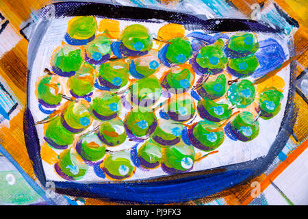 Dettagli di dipinti acrilico che mostra colore, texture e tecniche. Espressionista astratto uve su una piastra. Foto Stock