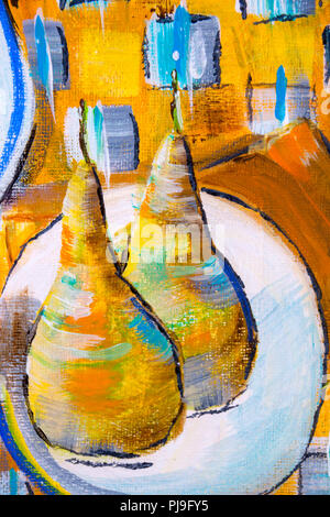 Dettagli di dipinti acrilico che mostra colore, texture e tecniche. Espressionista astratto pere su una piastra. Foto Stock