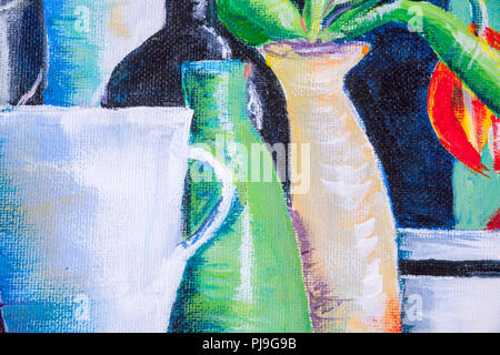 Dettagli di dipinti acrilico che mostra colore, texture e tecniche. Brocca espressionistici e vasi. Foto Stock