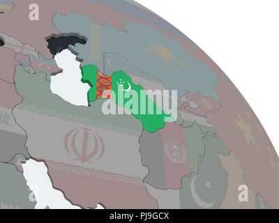 Il Turkmenistan sul globo politico con embedded bandiera. 3D'illustrazione. Foto Stock