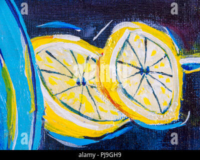 Dettagli di dipinti acrilico che mostra colore, texture e tecniche. Espressionistico fette di limone su un piano di lavoro. Foto Stock