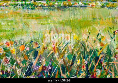 Dettagli di dipinti acrilico che mostra colore, texture e tecniche. Prato con fiori di campo estivo delle frontiere. Foto Stock