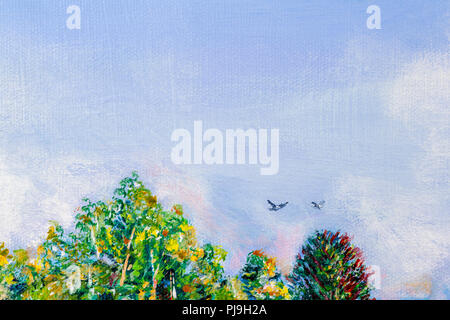 Dettagli di dipinti acrilico che mostra colore, texture e tecniche. Treetops con due uccelli in volo in un cielo blu. Foto Stock