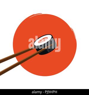 Tenendo il sushi con salmone con bacchette su uno sfondo arancione illustrazione vettoriale EPS10 Illustrazione Vettoriale