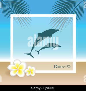 I delfini sulla spiaggia con foglie di palma e fiori di frangipani illustrazione vettoriale EPS10 Illustrazione Vettoriale