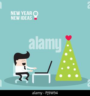 Happy businessman lavorando sul computer portatile in vacanza stagione. Buon Natale a gente di affari Illustrazione Vettoriale