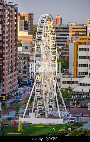 Rotterdam, Paesi Bassi, 31 agosto 2018: il recentemente costruito ruota panoramica Ferris Binnenrotte sulla piazza di fronte alla biblioteca pubblica Foto Stock