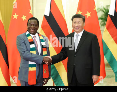 (180905) -- PECHINO, Sett. 5, 2018 (Xinhua) -- Il presidente cinese Xi Jinping (R) incontra Presidente zimbabwano Emmerson Mnangagwa presso la Grande Sala del Popolo di Pechino, capitale della Cina, Sett. 5, 2018. (Xinhua/Huang Jingwen)(mcg) Foto Stock