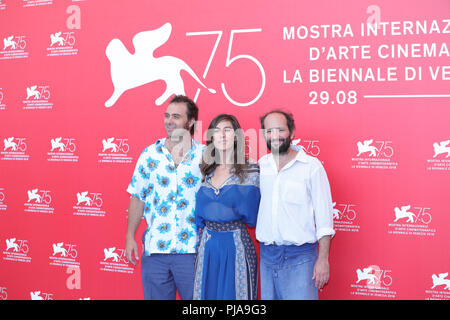 Venezia, Italia. 5 Sep, 2018. Attore Phil hamburger, attrice Natalia Lopez e regista Carlos Reygadas (L a R) partecipare a "Nuestro Tiempo' photocall durante il settantacinquesimo Venice International Film Festival presso la Sala Casino, Venezia, Italia, Settembre 5, 2018. Credito: Cheng Tingting/Xinhua/Alamy Live News Foto Stock