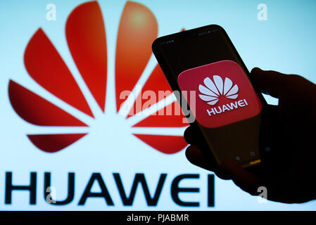 Cracovia in Polonia. 4 Sep, 2018. Huawei logo è visibile su un telefono cellulare Android. Credito: Omar Marques/SOPA Immagini/ZUMA filo/Alamy Live News Foto Stock