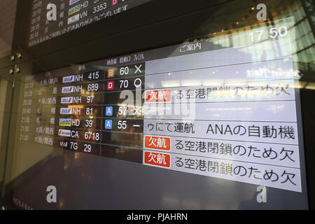 Tokyo, Giappone. 5 Sep, 2018. Voli per Kansai sono mostrati annullato sulla scheda elettronica nella scia del tifone Jebi all'aeroporto di Haneda di Tokyo, Giappone, sul Sett. 5, 2018. Numero di morti è salito a 11 mercoledì dopo il tifone Jebi, il più potente di colpire il Giappone in 25 anni, colpito a ovest del Giappone e causarono havoc su infrastrutture e sistemi di trasporto su Martedì. Credito: Du Natalino/Xinhua/Alamy Live News Foto Stock