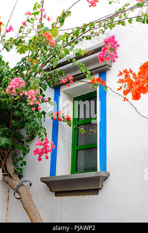 Bella finestra in Puerto Mogan villaggio con un sacco di fiori intorno a Foto Stock