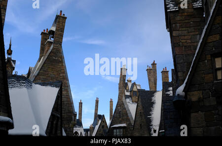 Neve sui tetti in Harry Potter Mondo in Universal Studios Orlando, in Florida Foto Stock