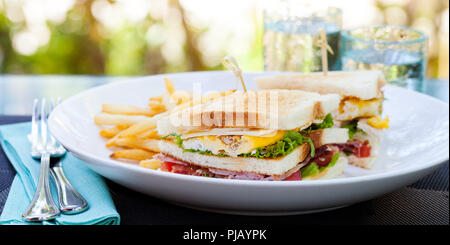 Club sandwich con patatine fritte su una piastra bianca. Estate sfondo all'aperto. Foto Stock